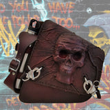 Handcrafted Dark Maroon Vegetal Leather Embossed Large Skull Motorcycle Left Side Saddle Bag-Softail-Universal Swingarm Bag.
