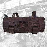 Made To Order-Handcrafted Genuine Vegetal Brown Leather Front Fork Tool Bag With Embossed Skull Design-HD and Universal Motorcycle Bag