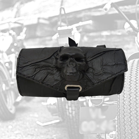 Made To Order-Handcrafted Genuine Vegetal Black Leather Front Fork Tool Bag With Embossed Skull Design-HD and Universal Motorcycle Bag