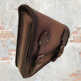 Handcrafted Light Brown Vegetal Leather Braided Motorcycle Left Side Saddlebag-Harley Davidson Softail-Universal Swingarm Bag
