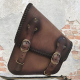 Handcrafted Light Brown Vegetal Leather Braided Motorcycle Left Side Saddlebag-Harley Davidson Softail-Universal Swingarm Bag