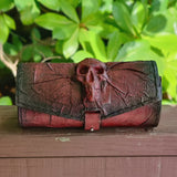 Made To Order-Handcrafted Genuine Rustic Maroon Leather Front Fork Tool Bag With Embossed Skull - Universal Motorcycle Front Fork Bag