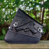 Handcrafted Vegetal Leather Black Motorcycle Left Side Saddlebag with Embossed Gun Design-Harley Davidson Softail-Universal Swingarm Bag