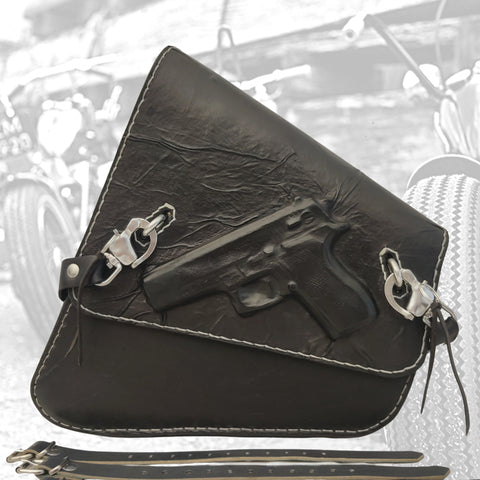 Handcrafted Vegetal Leather Black Motorcycle Left Side Saddlebag with Embossed Gun Design-Harley Davidson Softail-Universal Swingarm Bag