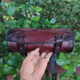 Handcrafted Genuine Vegetal Rustic Maroon Leather Front Fork Tool Bag With Embossed Waves-Universal Motorcycle Bag