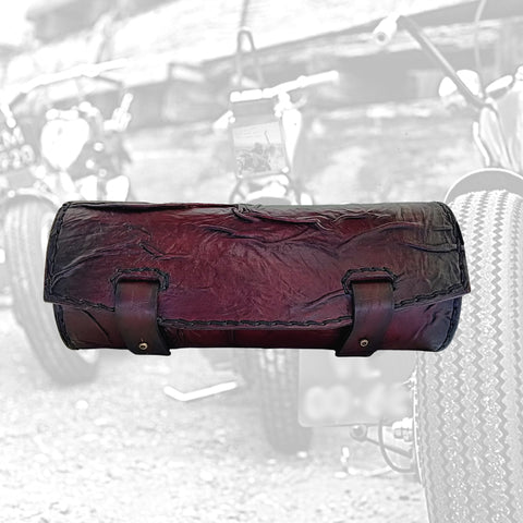 Handcrafted Genuine Vegetal Rustic Maroon Leather Front Fork Tool Bag With Embossed Waves-Universal Motorcycle Bag