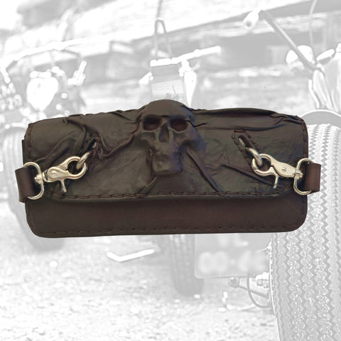 Handcrafted Genuine Vegetal Dark Maroon Leather Front Fork Tool Bag With Embossed Skull - Universal Motorcycle Bag