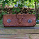 Made To Order-Handcrafted Genuine Vegetal Tan Brown Leather Front Fork Tool Bag With Embossed Skull Design-HD and Universal Motorcycle Bag