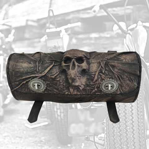 Made To Order-Handcrafted Rustic Black Genuine Leather Front Fork Tool Bag Embossed Skull-Gift Harley Davidson-Universal Motorcycle Bag
