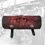 Made To Order-Handcrafted Brown Genuine Leather Front Fork Tool Bag With Embossed Skull Design-Gift HD and Universal Motorcycle Bag
