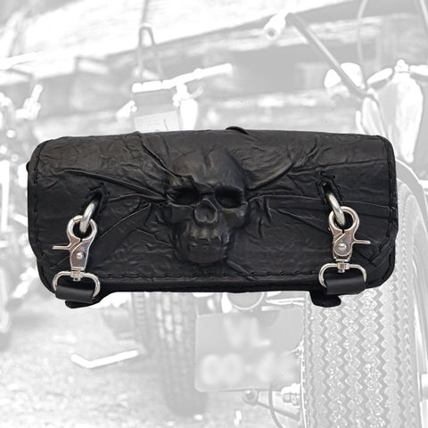 Made To Order-Handcrafted Genuine Black Leather Front Fork Tool Bag Embossed Skull Design-Gift Harley Davidson and Universal Motorcycle Bag.