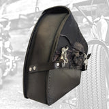 Handcrafted Rustic Black Vegetal Leather Motorcycle Left Side Saddlebag with Skull Design-Harley Davidson Softail-Universal Swingarm Bag