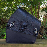 Handcrafted Rustic Black Vegetal Leather Motorcycle Left Side Saddlebag with Skull Design-Harley Davidson Softail-Universal Swingarm Bag