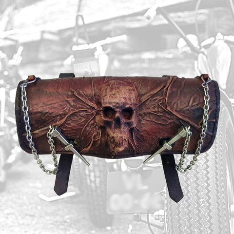 Made to Order Handcrafted Brown and Black Genuine Leather Front Fork Tool Bag With Embossed Skull Design-Gift Harley Davidson and Universal Motorcycle Bag