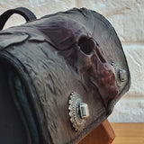 Made To Order-Handcrafted Rustic Dark Maroon Leather Front Fork Bag Embossed Skull Design-Gift Harley Davidson and Universal Motorcycle Bag