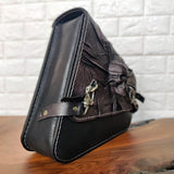 Handcrafted Vegetal Rustic Black Leather Embossed Skull Motorcycle Left Side Saddlebag-Harley Davidson Softail-Universal Swingarm Bag
