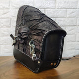 Handcrafted Vegetal Rustic Black Leather Embossed Skull Motorcycle Left Side Saddlebag-Harley Davidson Softail-Universal Swingarm Bag