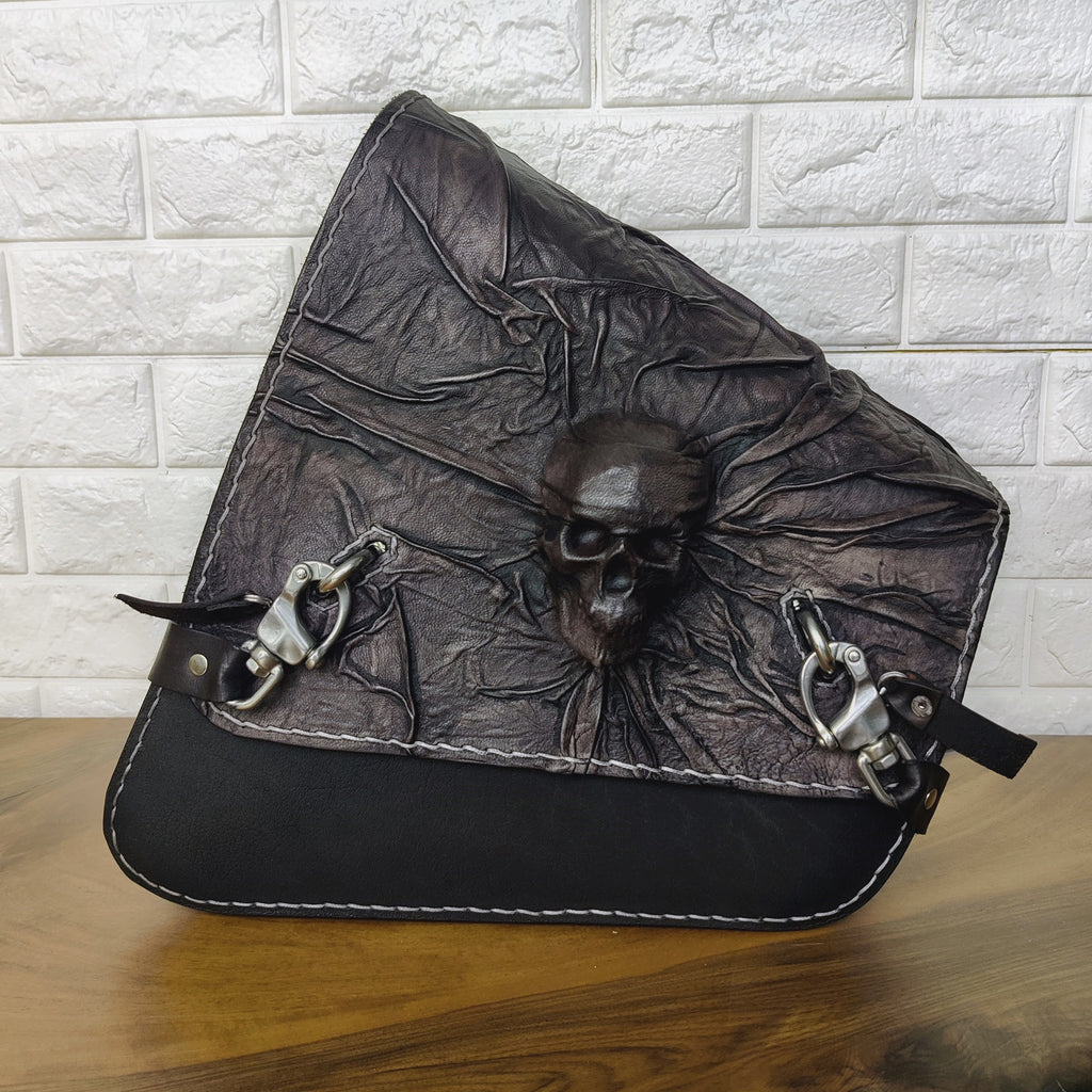 Handcrafted Vegetal Rustic Black Leather Embossed Skull Motorcycle