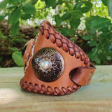 Handcrafted Genuine Brown Vegetal Leather Cuff with Black Agate Stone Setting-Lifestyle Unique Gift Fashion Jewelry Bracelet