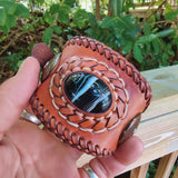 Handcrafted Genuine Brown Vegetal Leather Cuff with Black Agate Stone Setting-Lifestyle Unique Gift Fashion Jewelry Bracelet