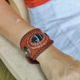 Handcrafted Genuine Brown Vegetal Leather Cuff with Black Agate Stone Setting-Lifestyle Unique Gift Fashion Jewelry Bracelet