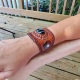 Handcrafted Genuine Brown Vegetal Leather Cuff with Black Agate Stone Setting-Lifestyle Unique Gift Fashion Jewelry Bracelet