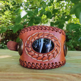 Handcrafted Genuine Brown Vegetal Leather Cuff with Black Agate Stone Setting-Lifestyle Unique Gift Fashion Jewelry Bracelet