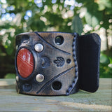 Handcrafted Genuine Black Vegetal Leather Cuff with Red Agate Stone Setting-Lifestyle Unique Gift Fashion Jewelry Bracelet Wristband