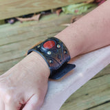 Handcrafted Genuine Black Vegetal Leather Cuff with Red Agate Stone Setting-Lifestyle Unique Gift Fashion Jewelry Bracelet Wristband