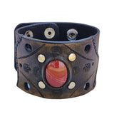 Handcrafted Genuine Black Vegetal Leather Cuff with Red Agate Stone Setting-Lifestyle Unique Gift Fashion Jewelry Bracelet Wristband