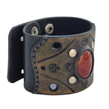 Handcrafted Genuine Black Vegetal Leather Cuff with Red Agate Stone Setting-Lifestyle Unique Gift Fashion Jewelry Bracelet Wristband