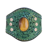 Handcrafted Genuine Green Vegetal Leather Cuff with Tiger Eye Stone Setting-Lifestyle Unique Gift Fashion Jewelry Bracelet Wristband