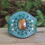 Handcrafted Genuine Green Vegetal Leather Cuff with Tiger Eye Stone Setting-Lifestyle Unique Gift Fashion Jewelry Bracelet Wristband