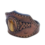 Handcrafted Genuine Brown Vegetal Leather Cuff with Tiger Eye Stone Setting-Lifestyle Unique Gift Fashion Jewelry Bracelet