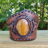 Handcrafted Genuine Brown Vegetal Leather Cuff with Tiger Eye Stone Setting-Lifestyle Unique Gift Fashion Jewelry Bracelet