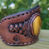 Handcrafted Genuine Brown Vegetal Leather Cuff with Tiger Eye Stone Setting-Lifestyle Unique Gift Fashion Jewelry Bracelet