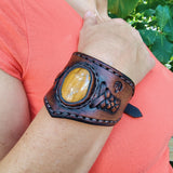 Handcrafted Genuine Brown Vegetal Leather Cuff with Tiger Eye Stone Setting-Lifestyle Unique Gift Fashion Jewelry Bracelet