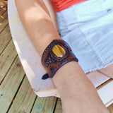 Handcrafted Genuine Brown Vegetal Leather Cuff with Tiger Eye Stone Setting-Lifestyle Unique Gift Fashion Jewelry Bracelet