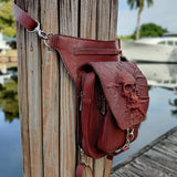 MADE TO ORDER-Handcrafted Genuine Vegetal Leather Brown-Maroon Drop Leg Bag –Skull Design Leather Fanny Pack – Leather Hip Rider Bag