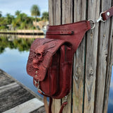 MADE TO ORDER-Handcrafted Genuine Vegetal Leather Brown-Maroon Drop Leg Bag –Skull Design Leather Fanny Pack – Leather Hip Rider Bag