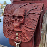 MADE TO ORDER-Handcrafted Genuine Vegetal Leather Brown-Maroon Drop Leg Bag –Skull Design Leather Fanny Pack – Leather Hip Rider Bag