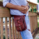 MADE TO ORDER-Handcrafted Genuine Vegetal Leather Brown-Maroon Drop Leg Bag –Skull Design Leather Fanny Pack – Leather Hip Rider Bag