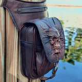 Handcrafted Vegetal Leather Multifunctional Dark Brown color Drop Leg Bag with Embossed Skull Design–Gift Riders Travel Fanny Pack