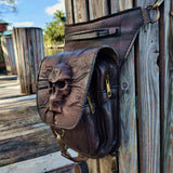 Handcrafted Vegetal Leather Multifunctional Dark Brown color Drop Leg Bag with Embossed Skull Design–Gift Riders Travel Fanny Pack