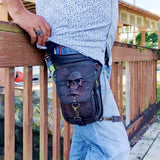 Handcrafted Vegetal Leather Multifunctional Dark Brown color Drop Leg Bag with Embossed Skull Design–Gift Riders Travel Fanny Pack