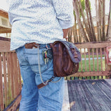 Handcrafted Vegetal Leather Multifunctional Dark Brown color Drop Leg Bag with Embossed Skull Design–Gift Riders Travel Fanny Pack