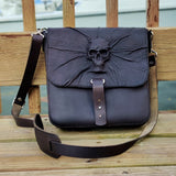 Handcrafted Genuine Vegetal  Rustic Black Leather Postman Shoulder Bag with a Skull Design - Shoulder bag - Sandle Bag