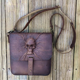 Handcrafted Genuine Vegetal Rustic Brown Embossed Skull Leather Postman Shoulder Bag-Gift Cross Body Bag-Leather Messenger Bag