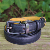Quality 0.6 inches Width Black Yellow Color Double Sided Genuine Vegetal Leather Sport Belt for Everyday Use-Gift Ideas