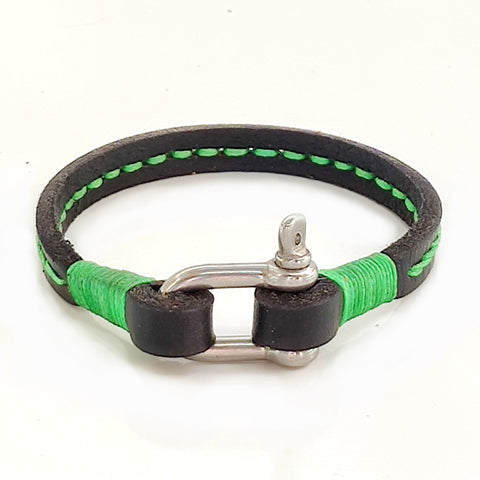 Handcrafted Black Genuine Leather Unisex Marine Style Fashion Bracelet-Cuff-Stainless Shackle design bracelet